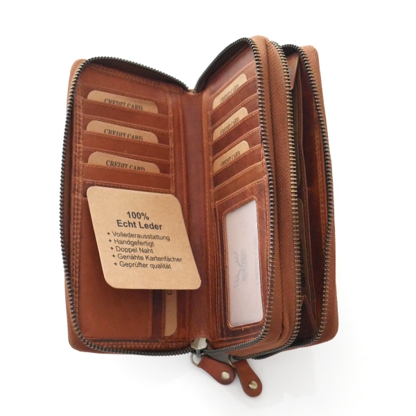 Damen Leder-Geldbeutel in Braun handgemacht RFID doppelter Reißverschluss viel Kartenfächer